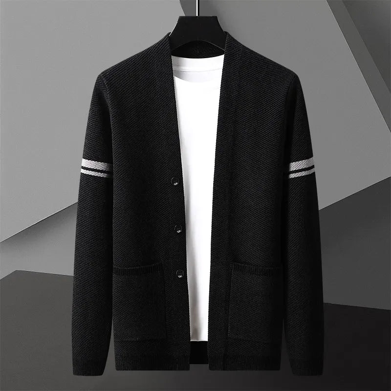Cozy men's knit cardigan, classic style, stripe detail. A versatile essential for fall & winter fashion.