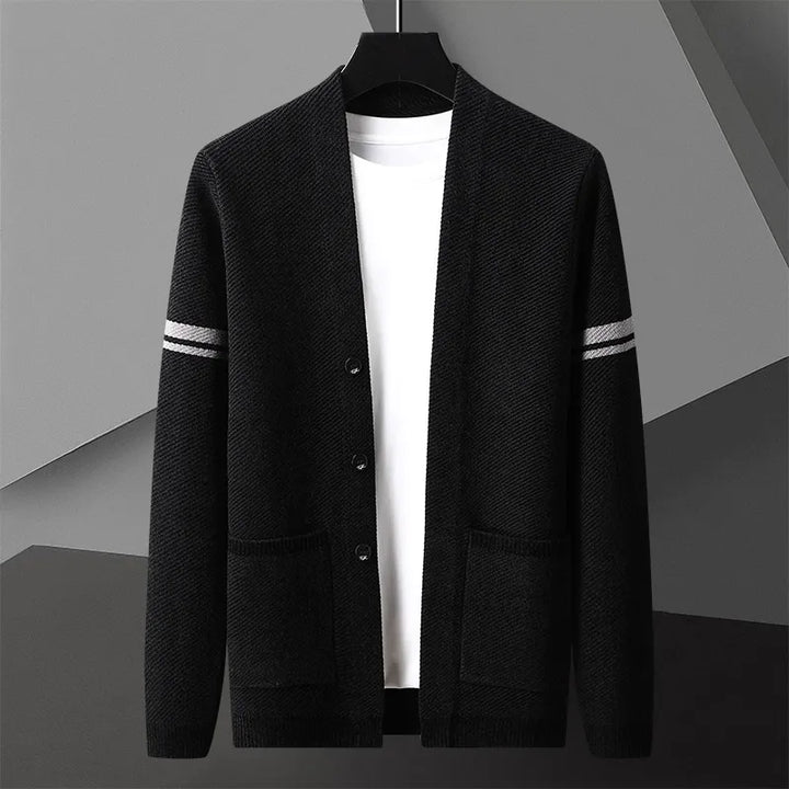 Cozy men's knit cardigan, classic style, stripe detail. A versatile essential for fall & winter fashion.