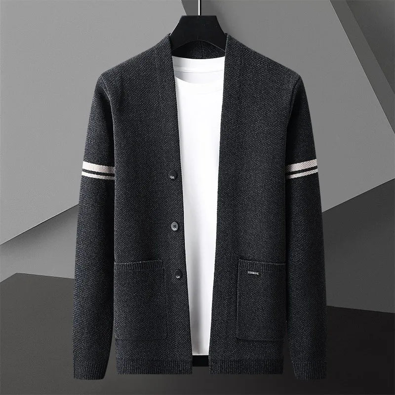 Men's knit cardigan, classic style with elegant stripe detail. Great for sophisticated casual fall & winter outfits.