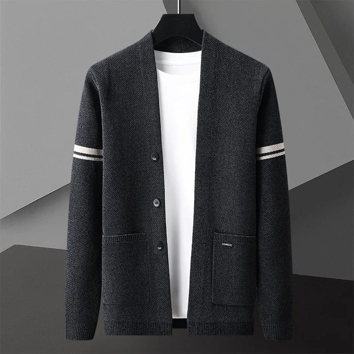 Men's knit cardigan, classic style with elegant stripe detail. Great for sophisticated casual fall & winter outfits.