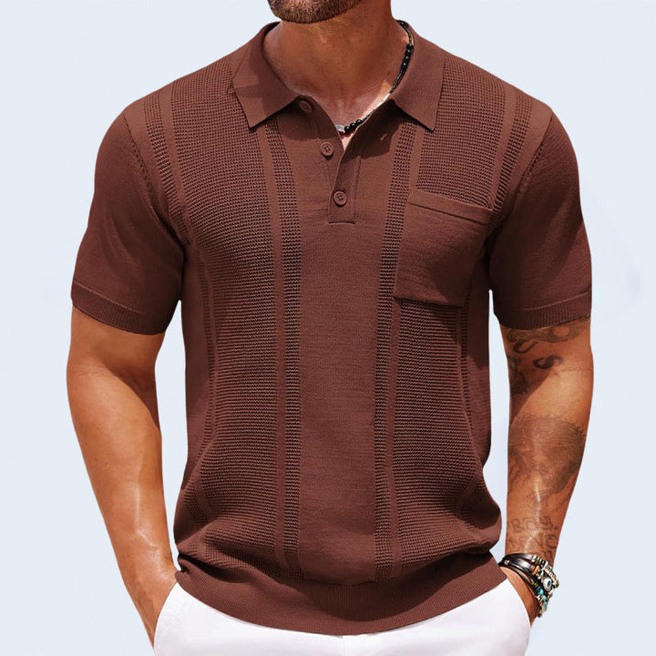 Breathable men's knit polo shirt, a collared classic ideal for comfortable men's fashion.