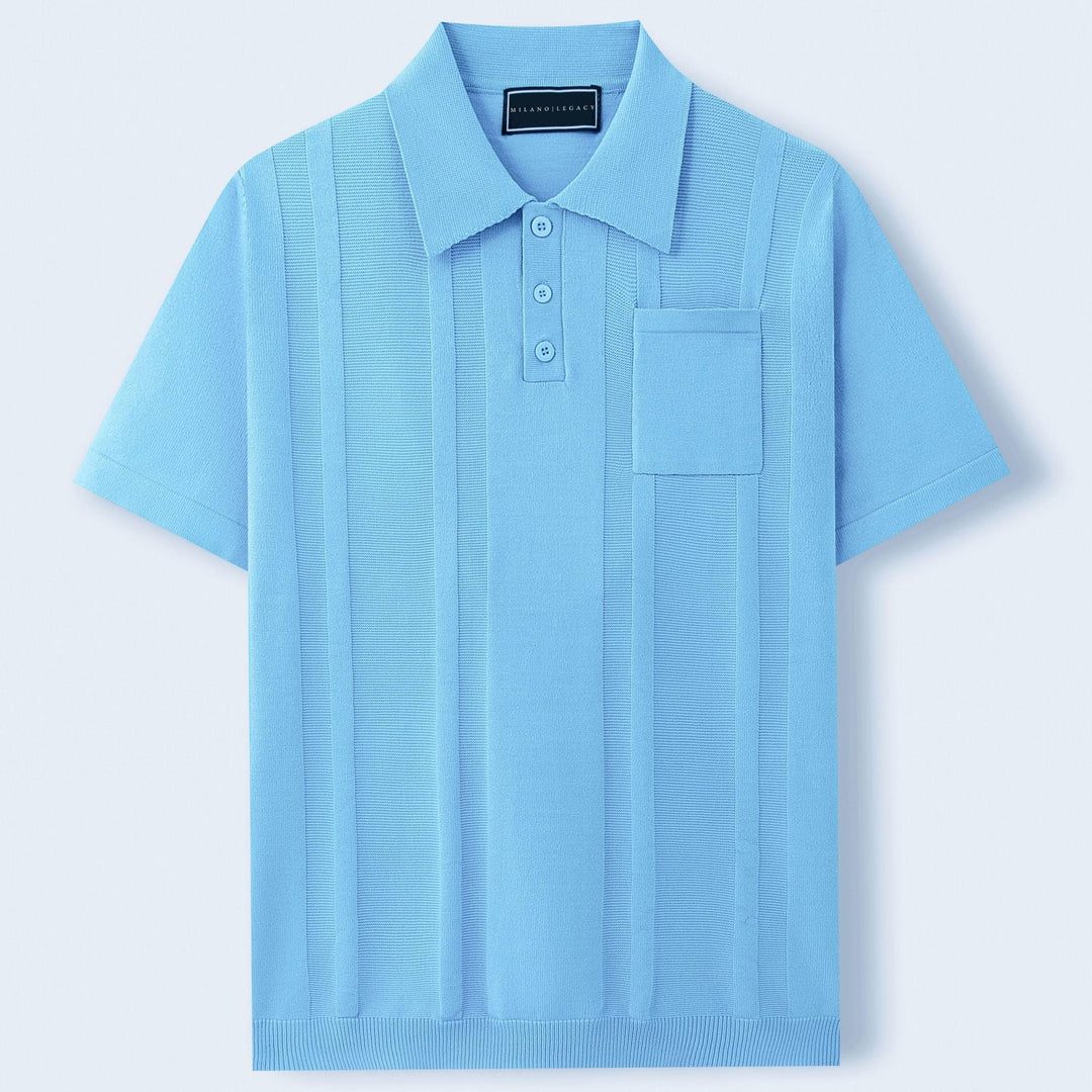 Close-up of a classic men's knit polo shirt, showcasing the breathable fabric texture.