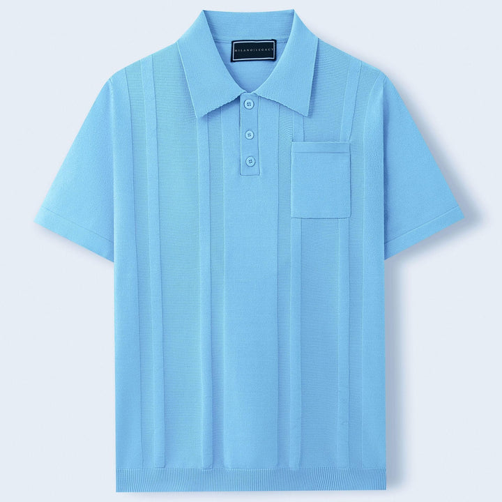 Close-up of a classic men's knit polo shirt, showcasing the breathable fabric texture.