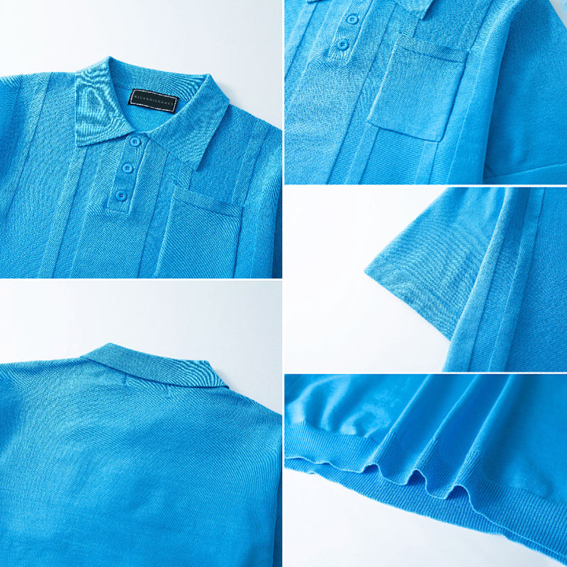 Modern men's knit collared shirt, offering a breathable tailored fit for smart casual fashion.