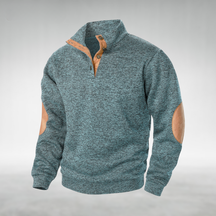 Man wearing a versatile men's classic knit sweater, a timeless long-sleeve pullover for casual fall/winter fashion.