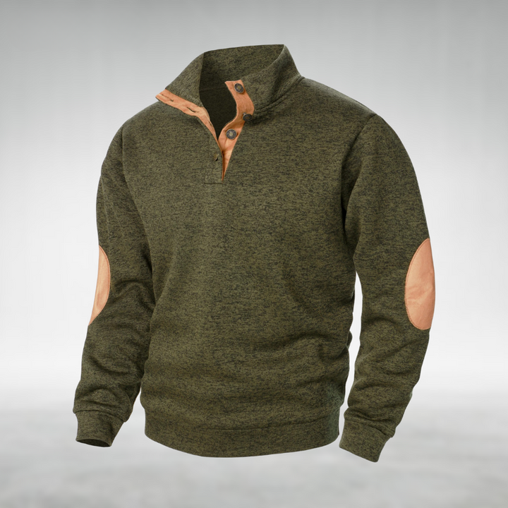 Detailed view of a men's classic knit sweater, a stylish long-sleeve pullover perfect for cool weather comfort.