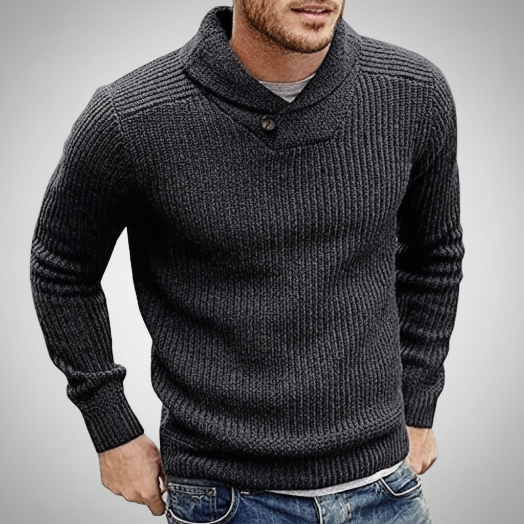 Ribbed cuffs on a men's classic knit sweater, long sleeve, perfect for winter wear.