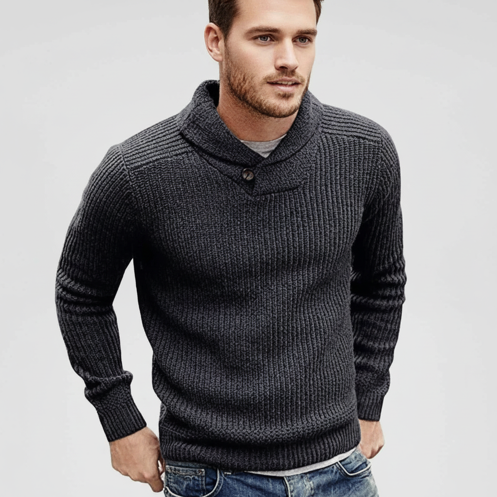 Autumn fashion men's classic knit sweater with ribbed cuffs and hem, relaxed fit.