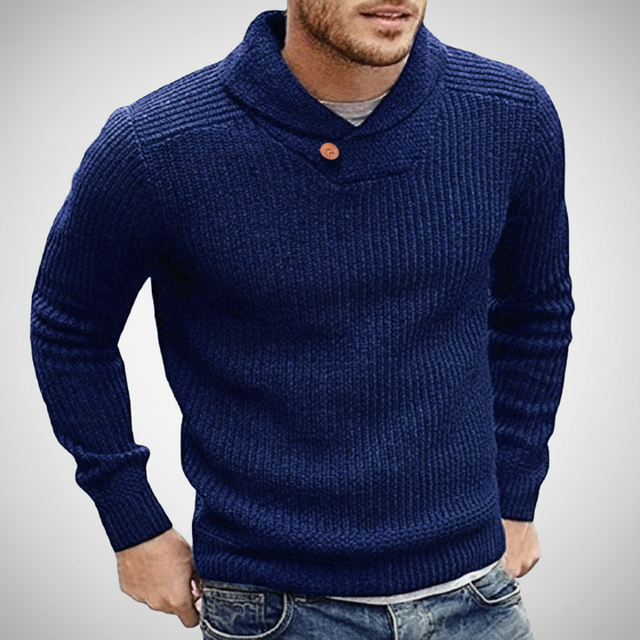 Close-up of the knit texture on a men's classic long sleeve sweater, cotton blend.