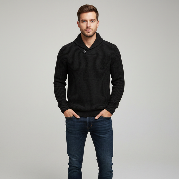 Men's classic knit sweater shown on a model, highlighting its relaxed fit and casual style.