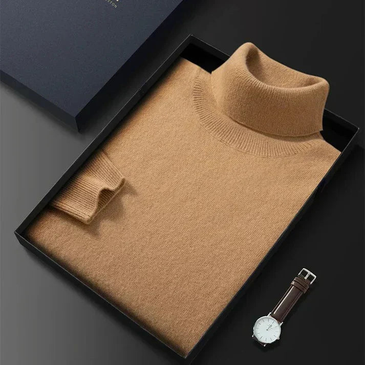 Modern men's slim-fit knit turtleneck sweater. Ideal layering piece for fall, winter, and smart casual occasions.