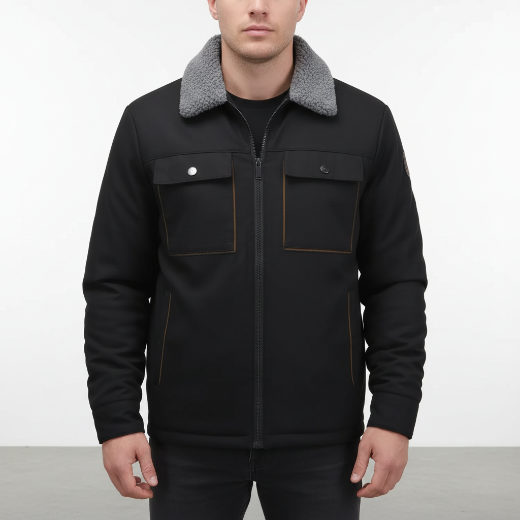 Windproof men's jacket for winter, featuring a warm fleece lining and a timeless lapel collar design