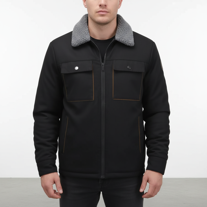 Windproof men's jacket for winter, featuring a warm fleece lining and a timeless lapel collar design