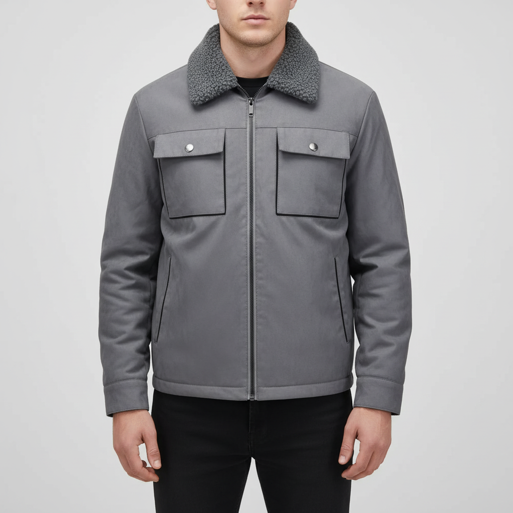 Casual men's polyester winter jacket, warm and comfy with fleece lining and a classic lapel for everyday wear