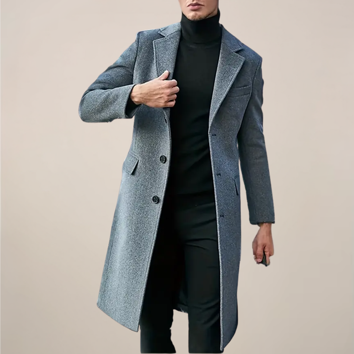 Men's classic lapel long overcoat in a tailored fit. Perfect for sophisticated fall and winter style.