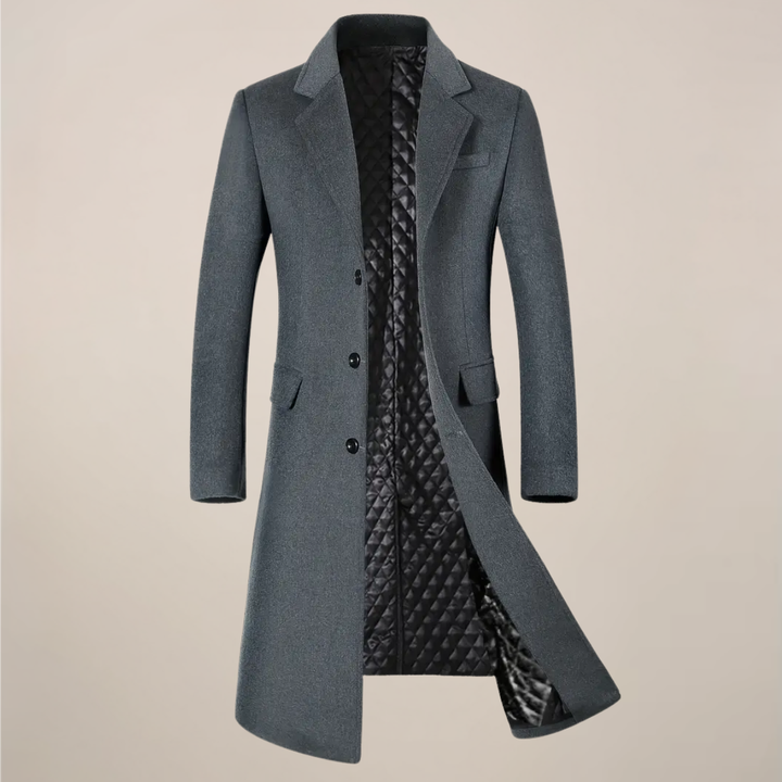 Tailored fit men's long trench coat with classic lapels, ideal for elegant fall and winter outerwear.