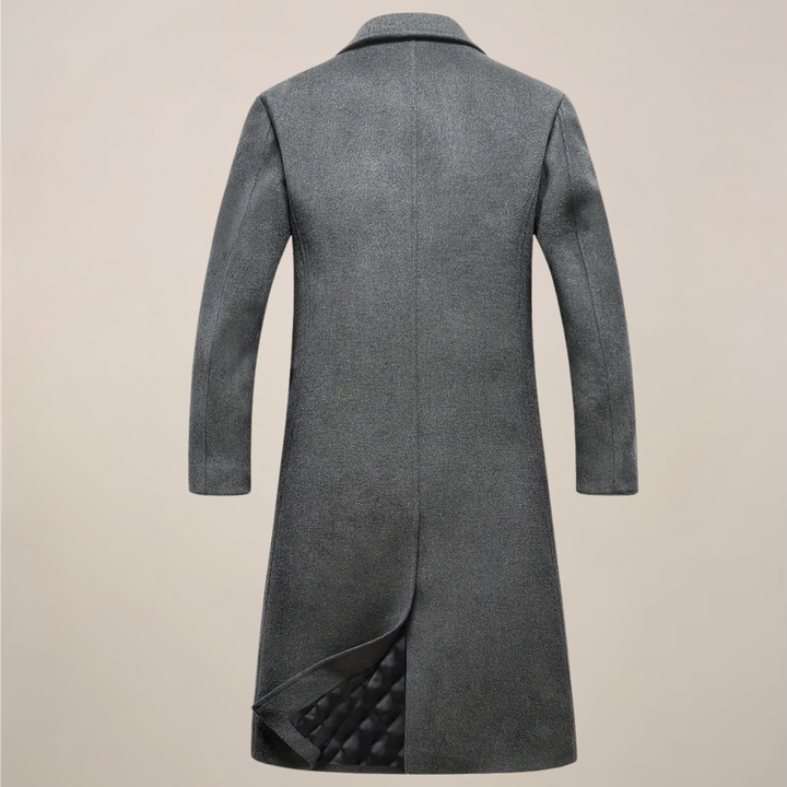 Sophisticated men's classic lapel overcoat. A tailored fit long coat for stylish fall and winter fashion.