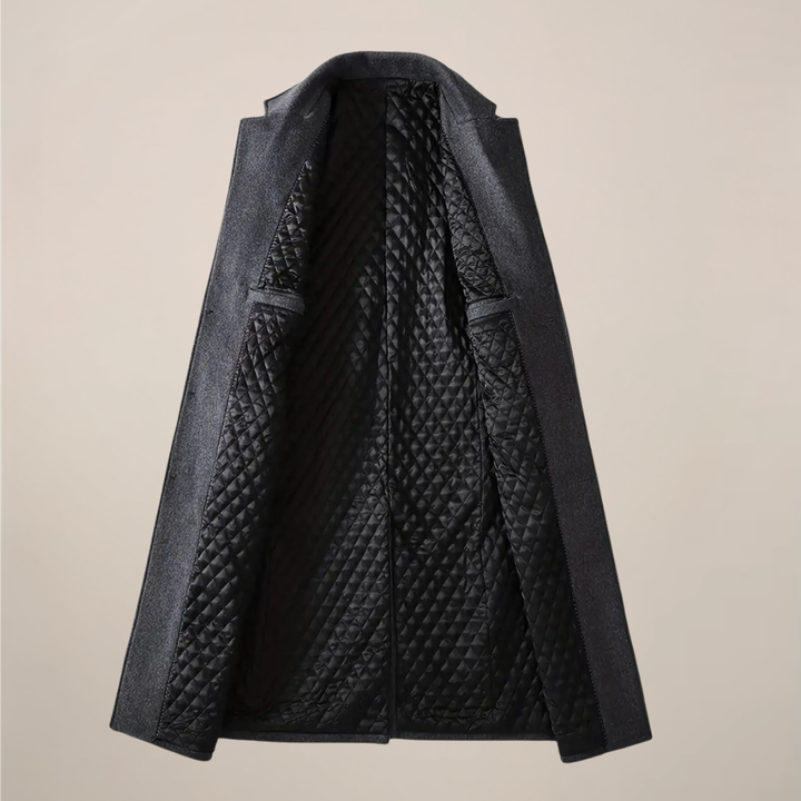 Men's tailored fit long overcoat featuring a classic lapel. Essential outerwear for cold weather elegance.
