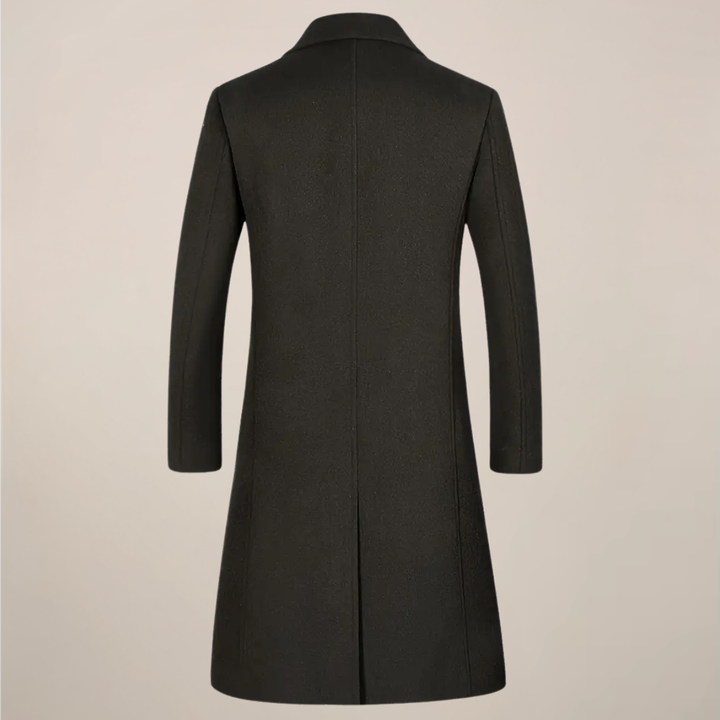 Classic men's long overcoat with lapels, a tailored fit trench coat for sophisticated fall/winter style.