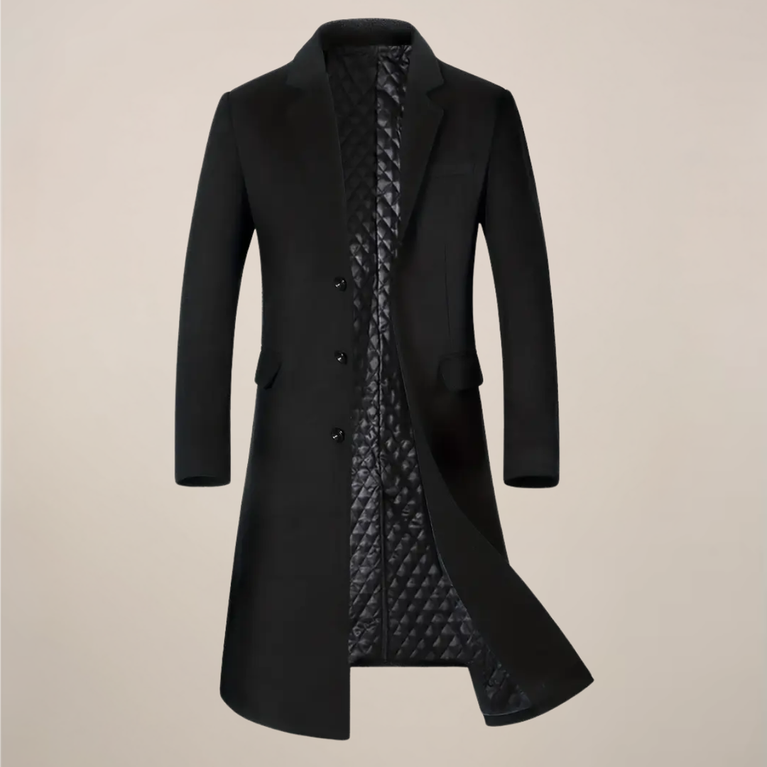 Men's elegant classic lapel long overcoat. This tailored fit trench coat is perfect for winter style and warmth.