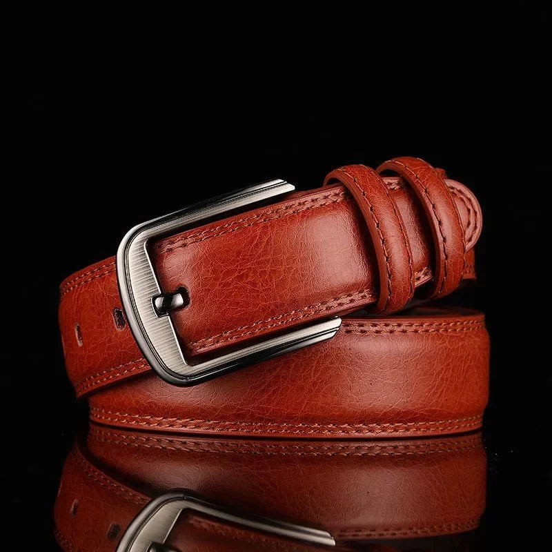 Durable coffee brown men's leather belt featuring a stylish brushed silver buckle for versatile wear.