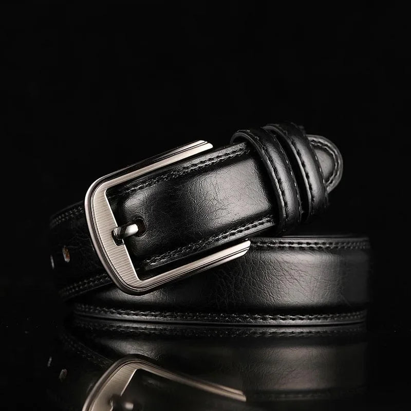 High-quality black men's leather belt with a refined brushed silver buckle; ideal formal or casual accessory.