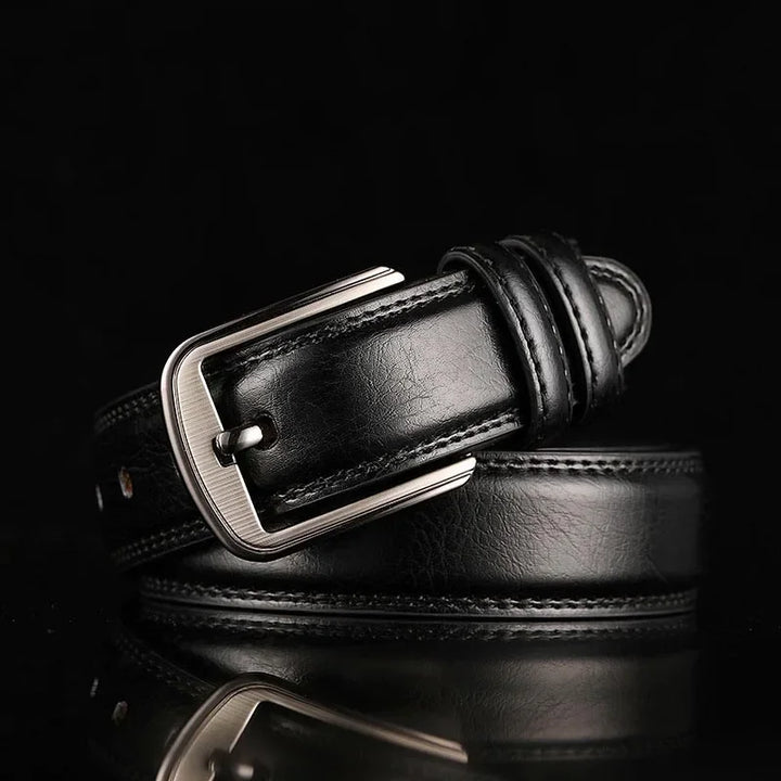 High-quality black men's leather belt with a refined brushed silver buckle; ideal formal or casual accessory.