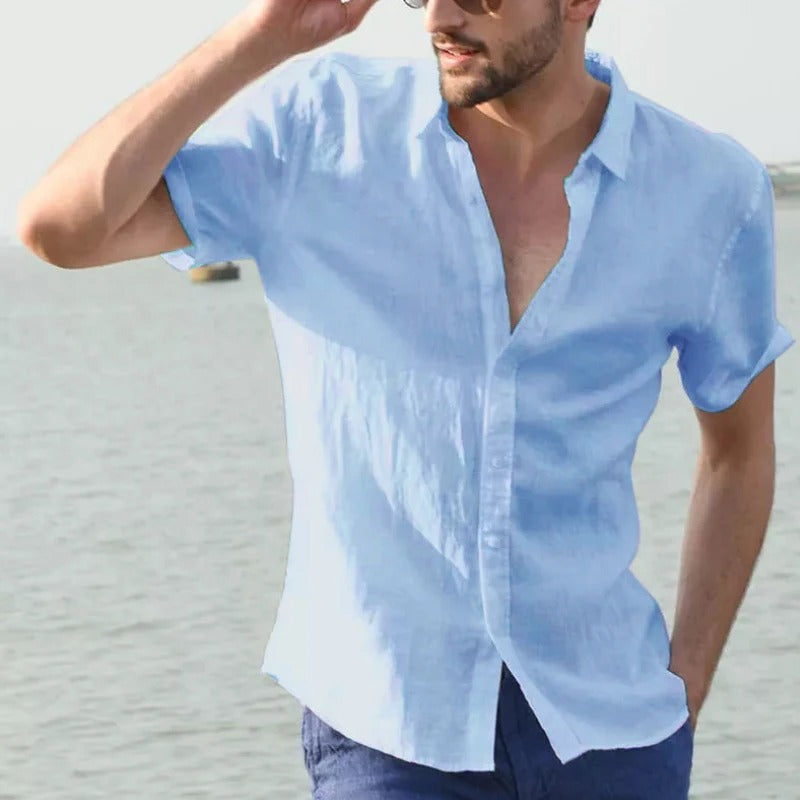 Versatile men's linen short sleeve shirt, perfect for casual wear, beach holidays, or everyday summer comfort.