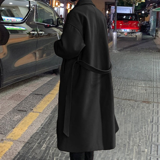 Sophisticated men's tailored overcoat with belt, ideal for formal wear or smart casual autumn fashion.