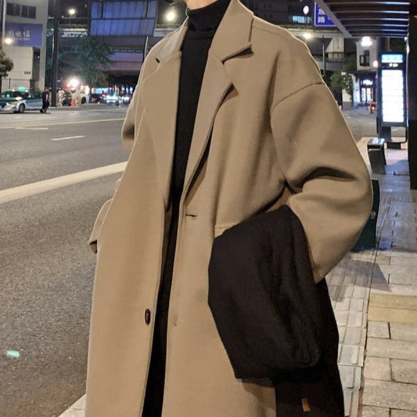 Full-length men's belted overcoat, a smart tailored classic style, perfect as winter outerwear.