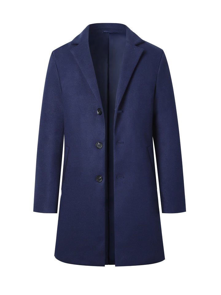 Men's classic long overcoat with stylish notch lapel, perfect for formal or smart casual winter wear.
