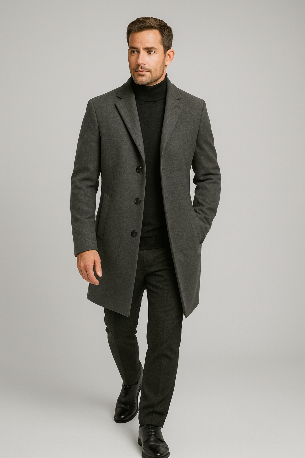 Stylish men's long overcoat featuring a classic notch lapel, ideal formal outerwear for men.