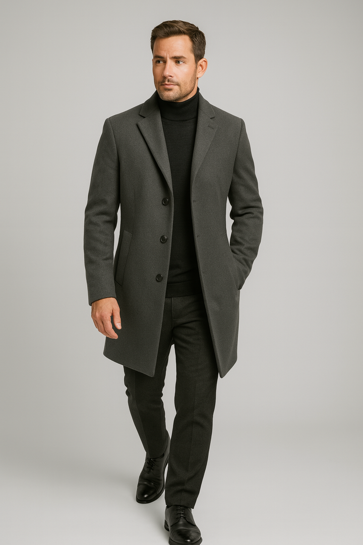 Stylish men's long overcoat featuring a classic notch lapel, ideal formal outerwear for men.