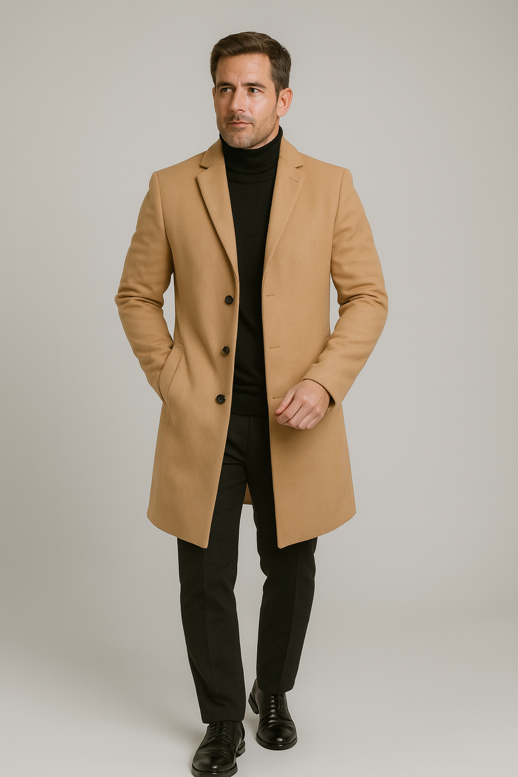 Man wearing a classic long trench overcoat with notch lapel, a smart casual winter fashion statement.