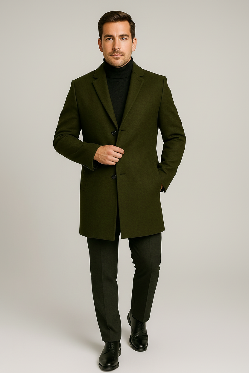Sophisticated men's long trench coat with a stylish notch lapel and elegant fit, perfect for winter layering.