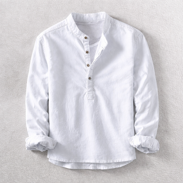 Stylish men's white Henley shirt, a long-sleeve casual top designed for comfort & everyday fashion.