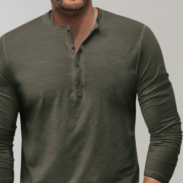 Theo button-up long sleeve Henley for men, ideal as a comfortable fall or winter top.