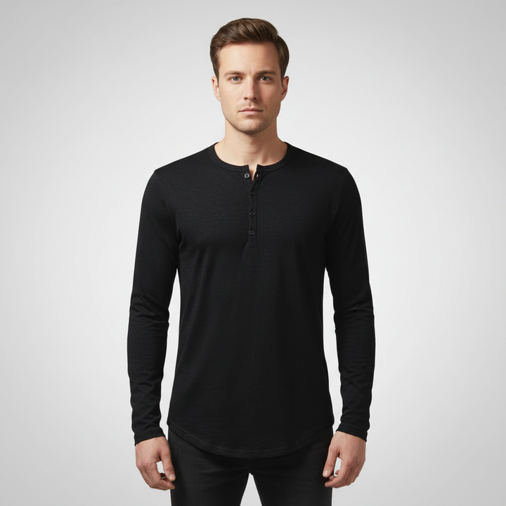 Comfortable men's long sleeve Theo Henley shirt made from a soft cotton blend fabric.