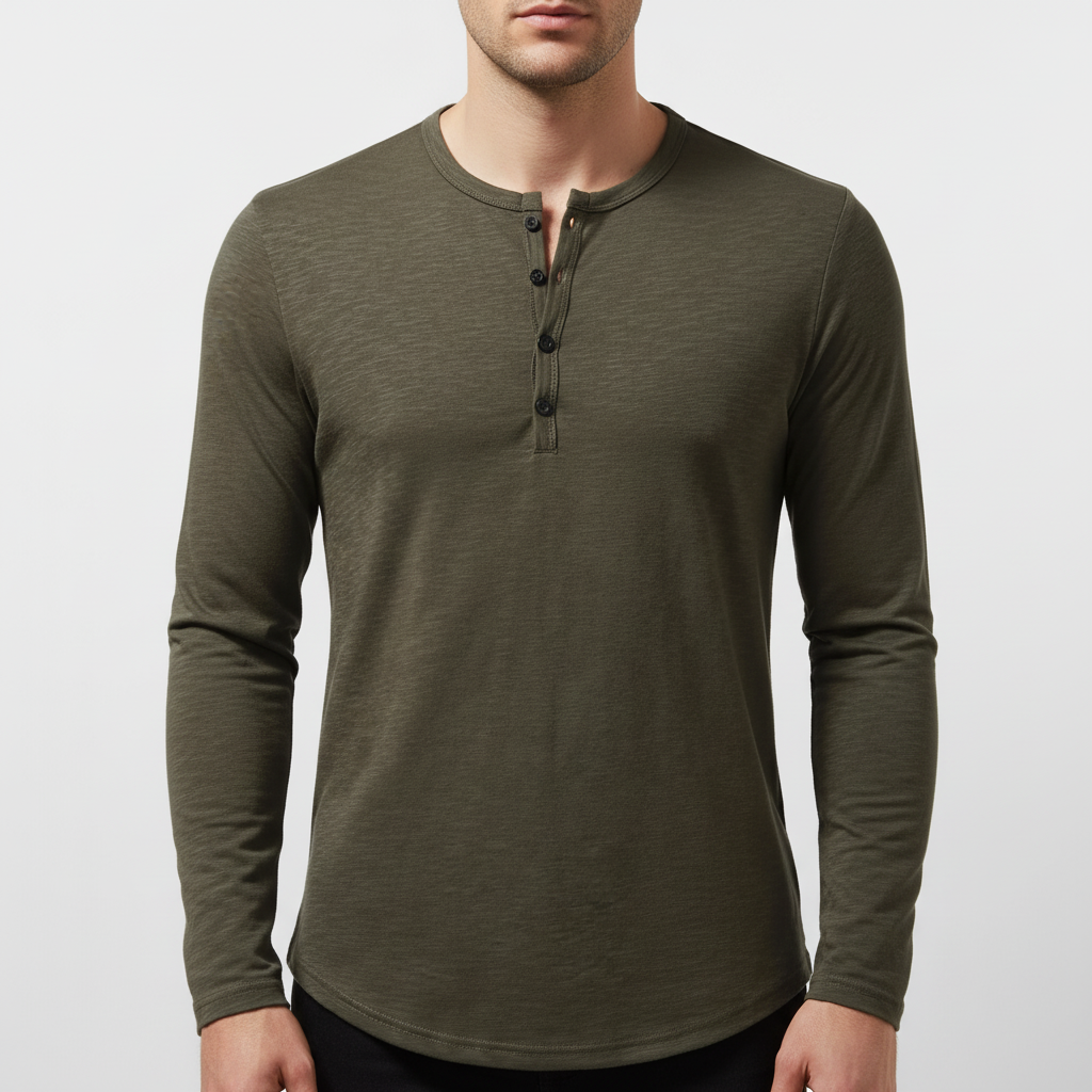 Men's casual long sleeve Henley shirt, Theo, featuring a stylish button neck design.