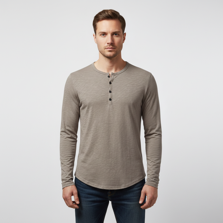 Basic men's Theo Henley top with long sleeves, great for layering in fall and winter.