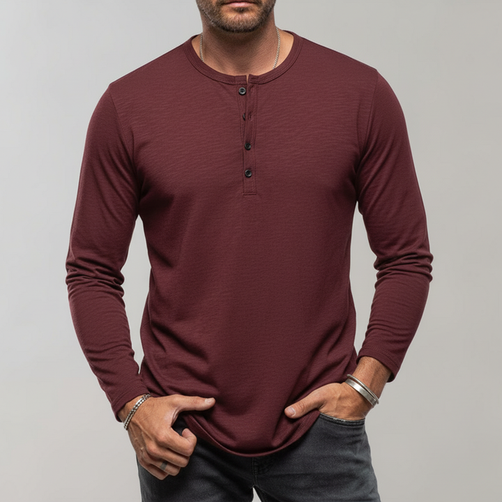 Theo men's long sleeve Henley shirt, a versatile and essential piece for casual apparel.