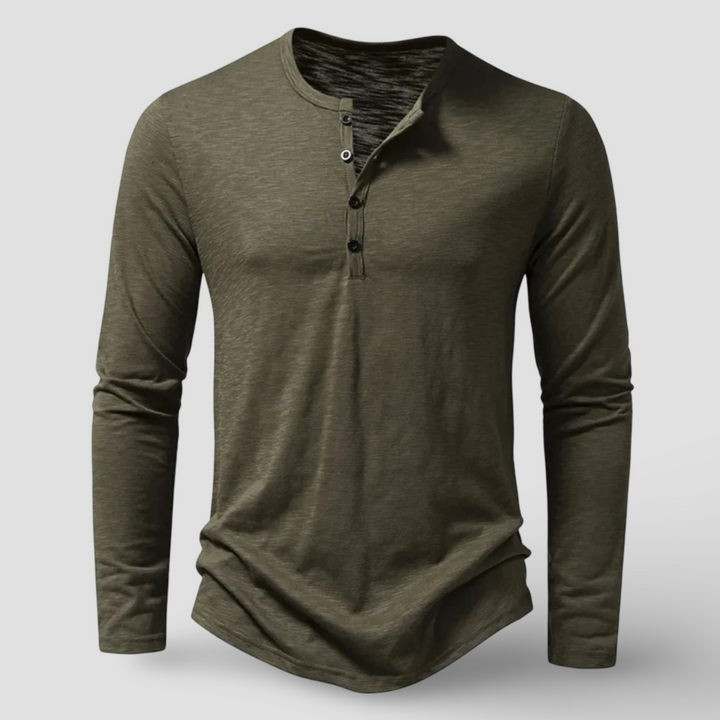 Men's classic long sleeve Henley shirt with button placket, perfect for casual everyday wear.