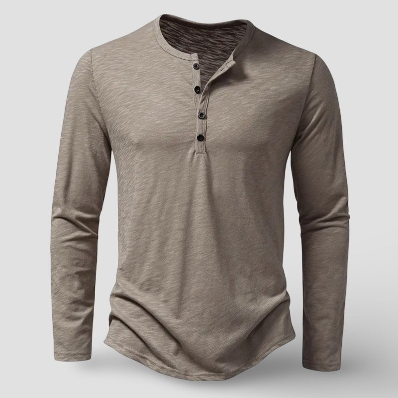 Comfortable men's long sleeve Henley top, a versatile classic for everyday casual style and men's fashion.