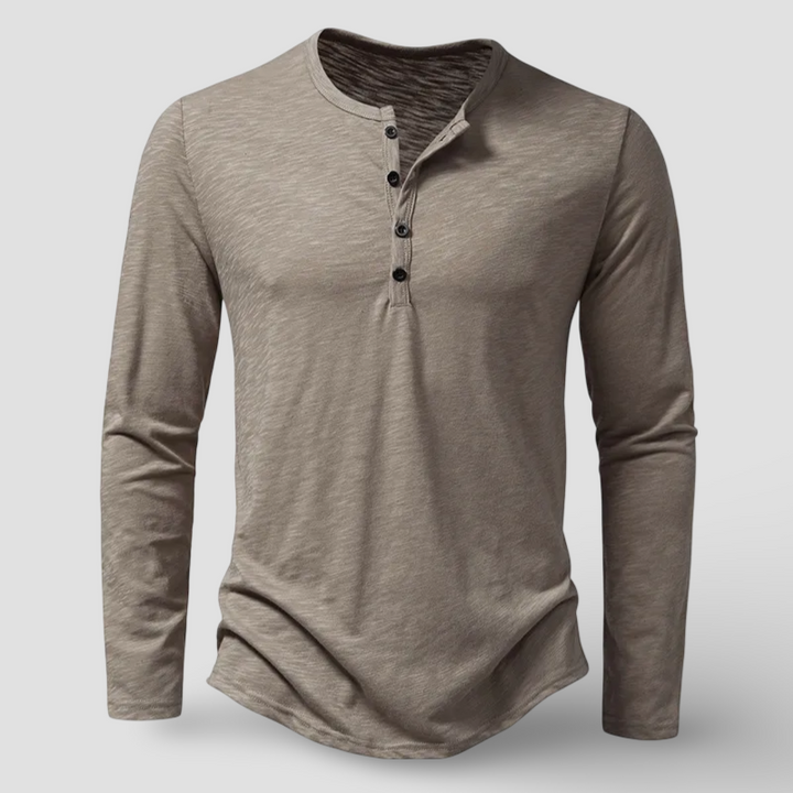 Comfortable men's long sleeve Henley top, a versatile classic for everyday casual style and men's fashion.