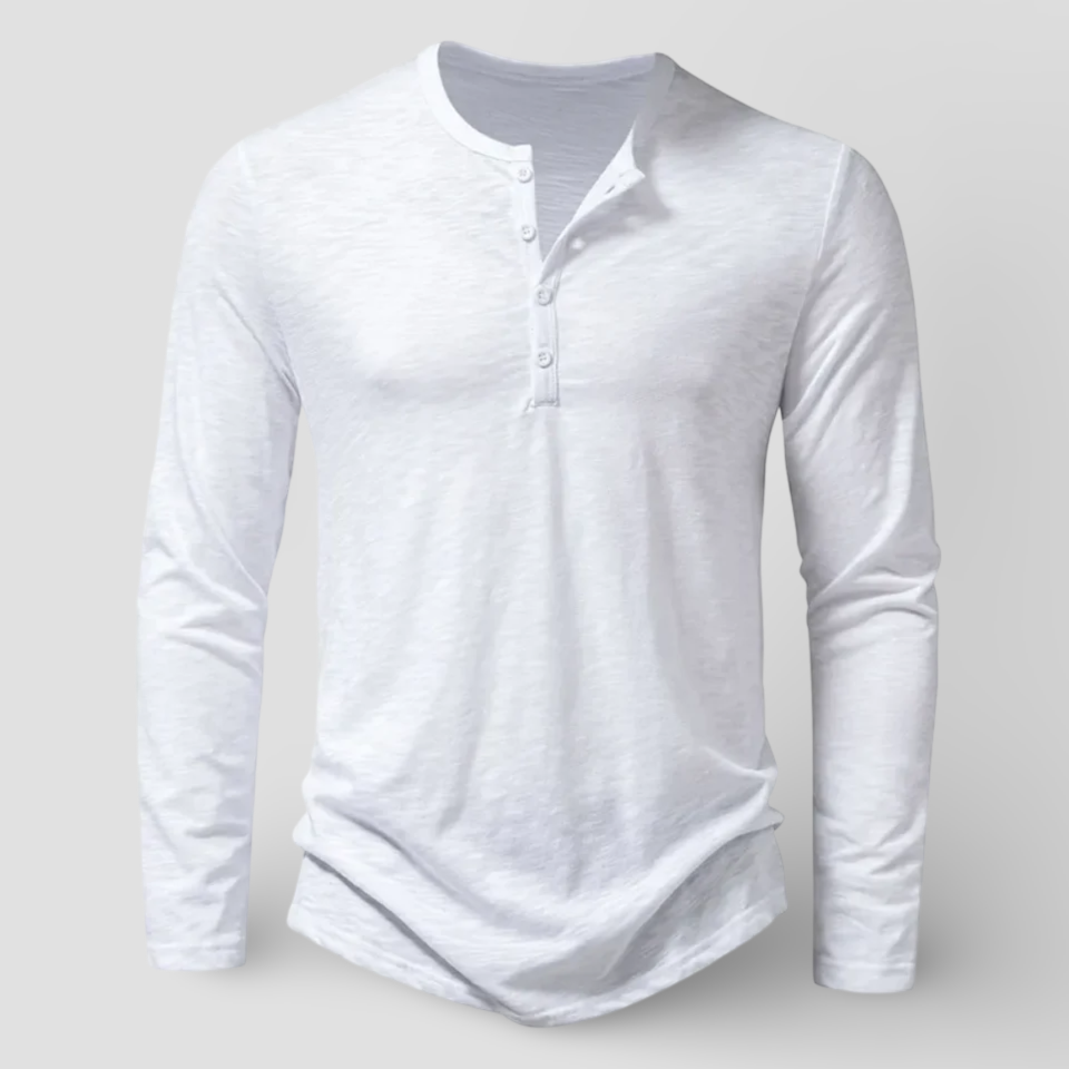 Classic men's long sleeve Henley shirt, a comfortable and versatile button-placket top for casual wear.