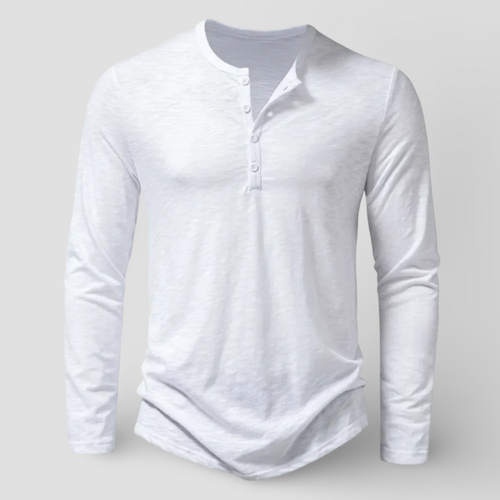 Classic men's long sleeve Henley shirt, a comfortable and versatile button-placket top for casual wear.