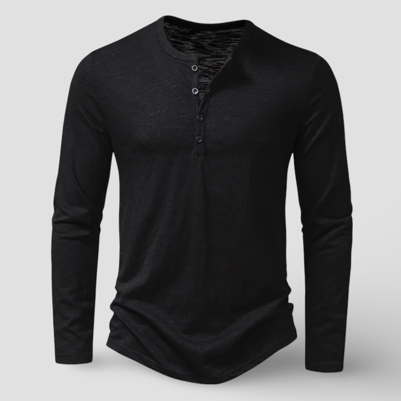 Men's casual long sleeve Henley top with a timeless button placket, ideal for everyday men's fashion.