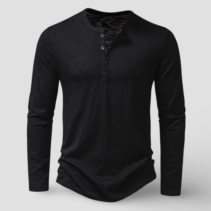 Men's casual long sleeve Henley top with a timeless button placket, ideal for everyday men's fashion.
