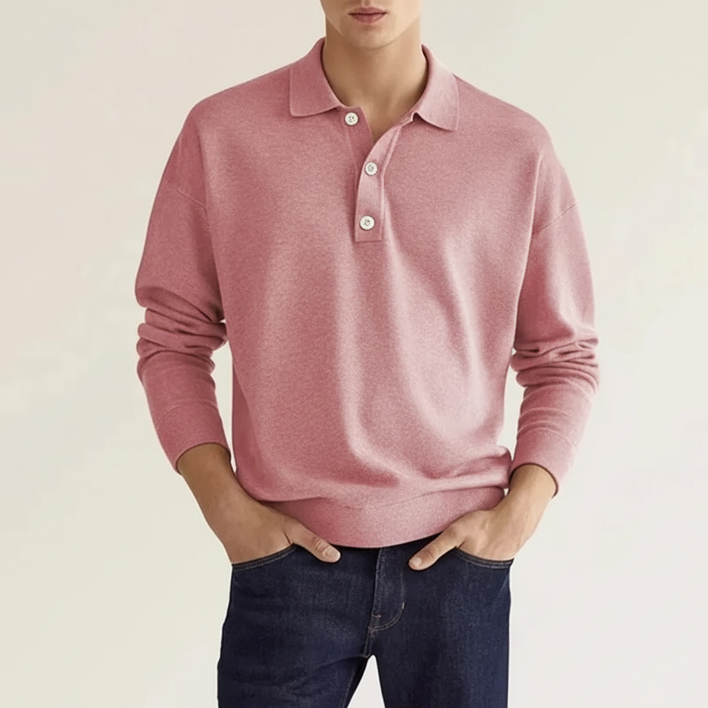 Classic men's long sleeve polo shirt, embodying smart-casual sophistication, high-quality fabric.