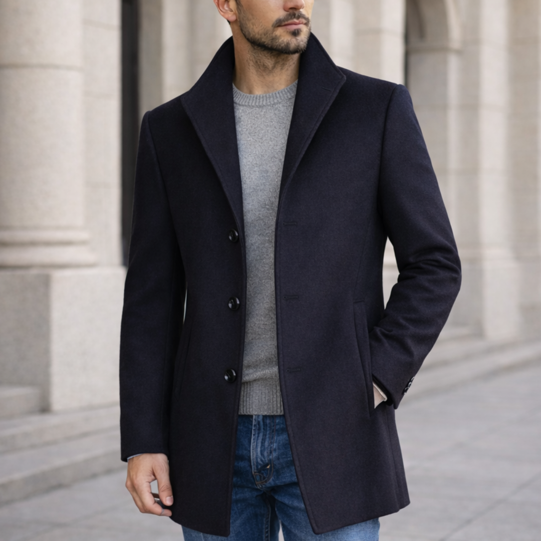 Men's classic long winter coat, tailored for timeless style & elegant warmth.